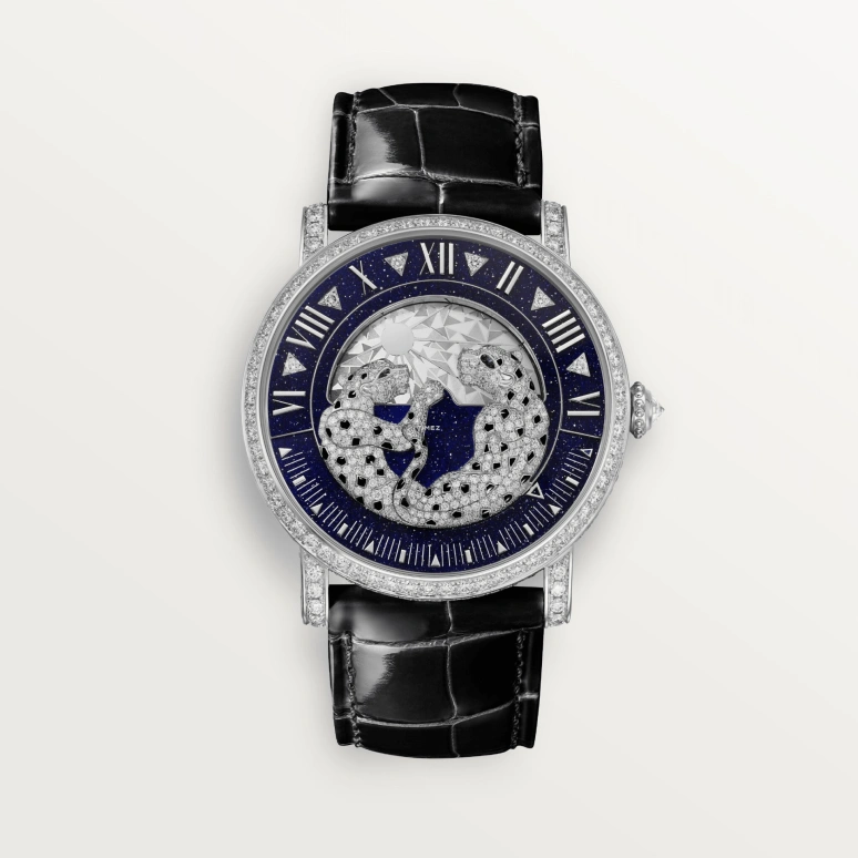 Cartier,Panthère de Cartier 40mm,40mm,White Gold,Blue,Silver,Handwound,Retrograde,Day / Night Indication,HPI01518