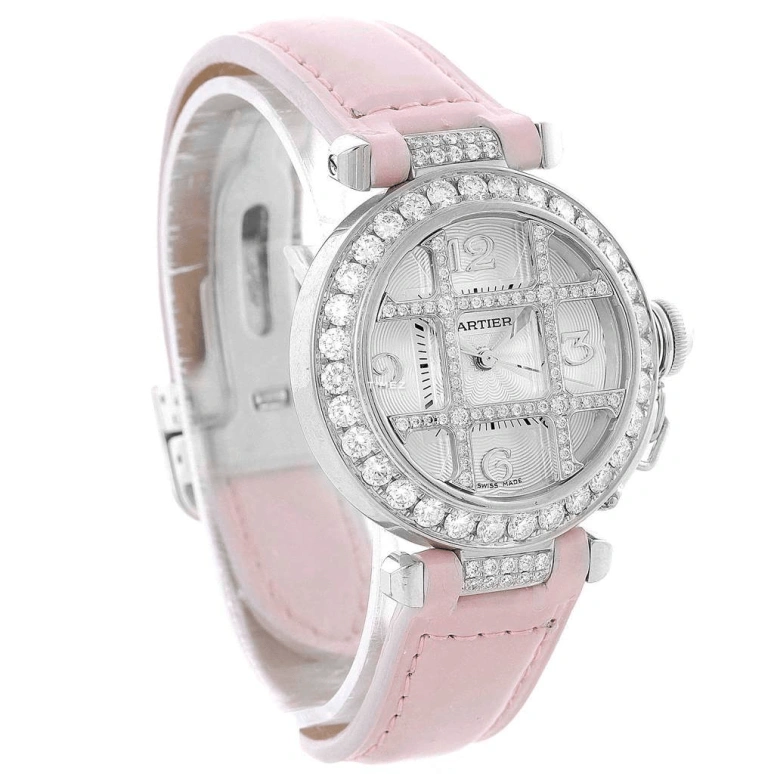 Cartier,Pasha de Cartier 32mm,32mm,White Gold,Silver,Automatic,Day,Sapphire,Crystal Glass,WJ116136