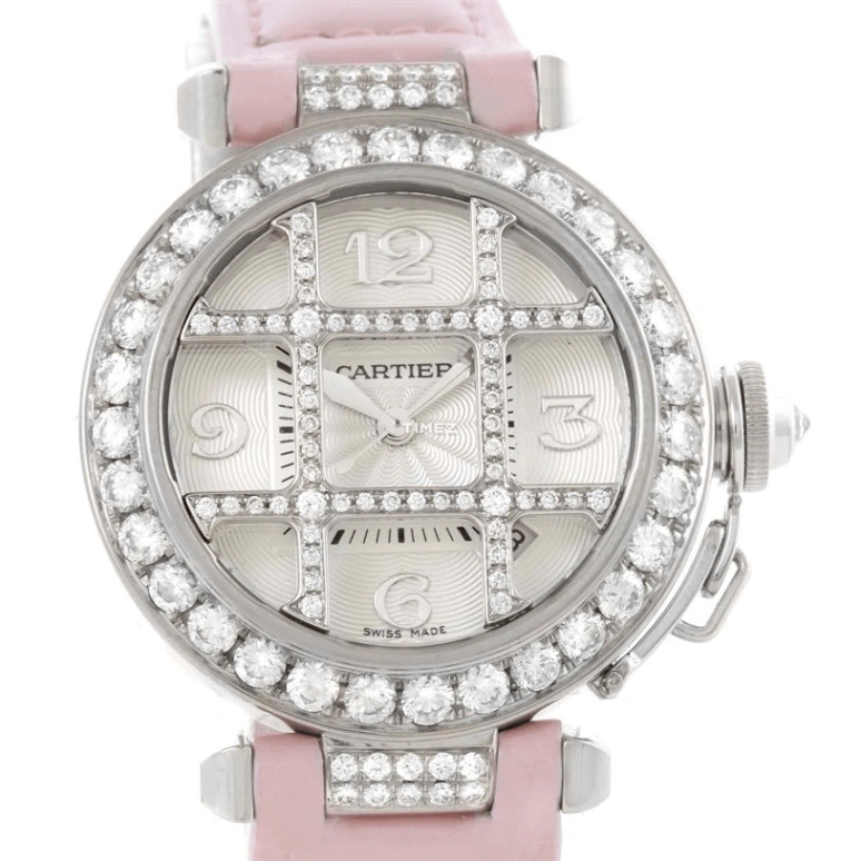 Cartier,Pasha de Cartier 32mm,32mm,White Gold,Silver,Automatic,Day,Sapphire,Crystal Glass,WJ116136