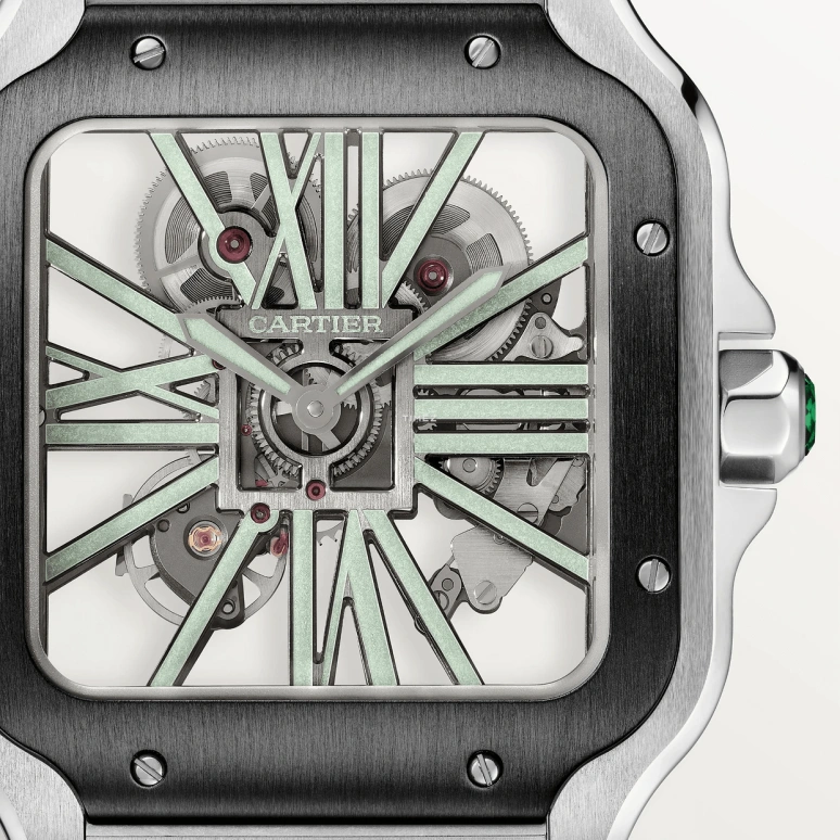 Cartier,Santos de Cartier 39.80mm,39.80mm,Stainless Steel,Skeleton,Handwound,Sapphire,Crystal Glass,Square,WHSA0033