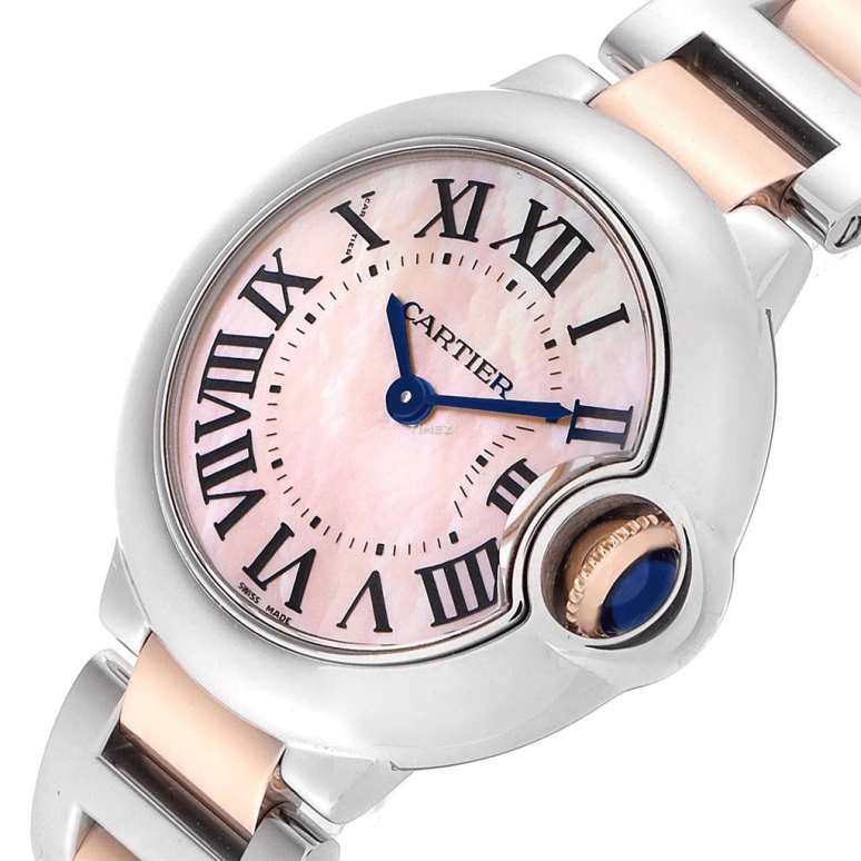 Cartier,Ballon Bleu de Cartier 28.60mm,28.60mm,Stainless Steel,Rose Gold,Pink,Quartz,In-house Caliber,Sapphire,Crystal Glass,W6920034