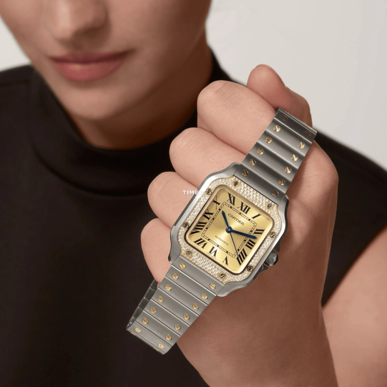 Cartier,Santos de Cartier 35.10mm,35.10mm,Stainless Steel,Gold,Automatic,Sapphire,Crystal Glass,Square,W3SA0007