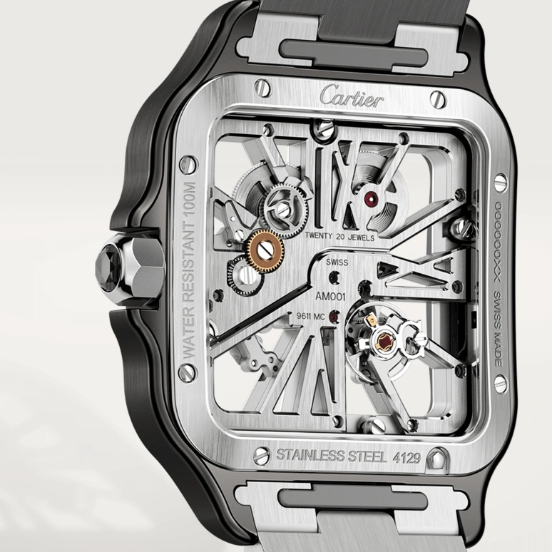 Cartier,Santos de Cartier 39.80mm,39.80mm,Stainless Steel,Silver,Handwound,72hours,In-house Caliber,WHSA0027