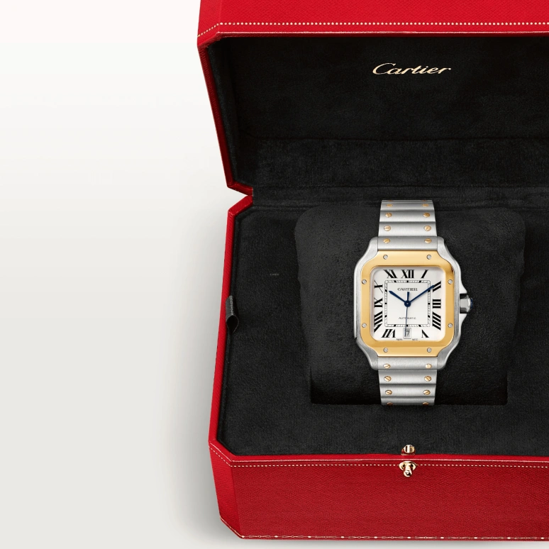 Cartier,Santos de Cartier 39.80mm,39.80mm,Stainless Steel,Yellow Gold,Silver,Automatic,Day,42hours,W2SA0009
