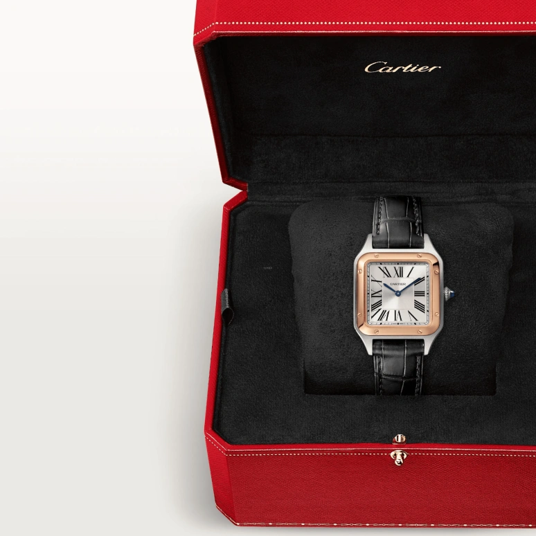 Cartier,Santos de Cartier 38x27.50mm,38x27.50mm,Stainless Steel,Rose Gold,Silver,Quartz,Sapphire,Crystal Glass,Square,W2SA0012