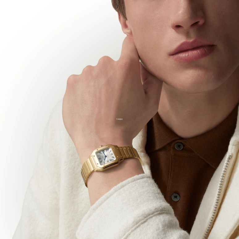 Cartier,Santos de Cartier 27x34.50mm,27x34.50mm,Yellow Gold,Silver,Quartz,Sapphire,Crystal Glass,Square,WGSA0107