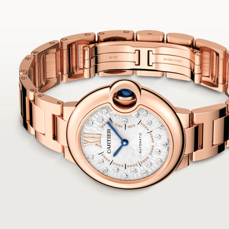 Cartier,Ballon Bleu de Cartier 33mm,33mm,Rose Gold,Silver,Automatic,Sapphire,Crystal Glass,Round,WGBB0054