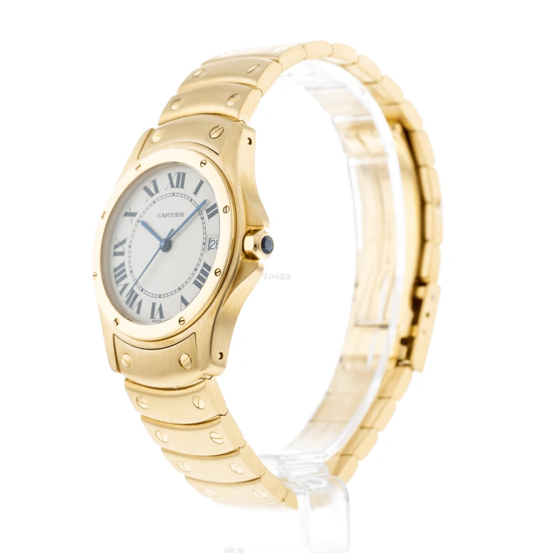 Cartier,Santos de Cartier 33mm,33mm,Yellow Gold,Silver,Quartz,Day,Sapphire,Crystal Glass,W20028G1