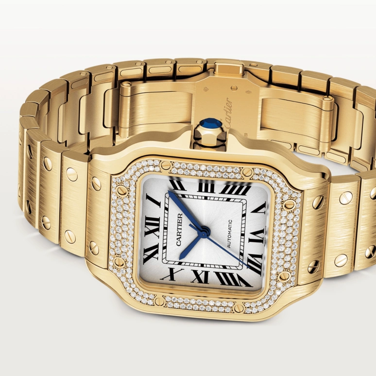 Cartier,Santos de Cartier 35.10x41.90mm,35.10x41.90mm,Yellow Gold,Silver,Automatic,42hours,In-house Caliber,WJSA0010