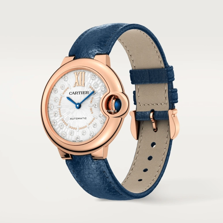 Cartier,Ballon Bleu de Cartier 33mm,33mm,Rose Gold,Silver,Automatic,Sapphire,Crystal Glass,Round,WGBB0056