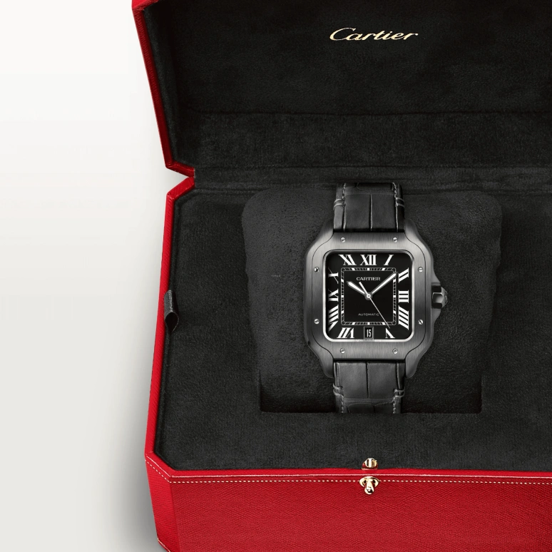 Cartier,Santos de Cartier 39.80mm,39.80mm,Stainless Steel,Black,Automatic,Day,42hours,WSSA0039