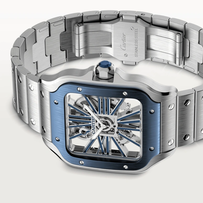 Cartier,Santos de Cartier 39.80mm,39.80mm,Stainless Steel,Silver,Blue,Handwound,Sapphire,Crystal Glass,Square,WHSA0026