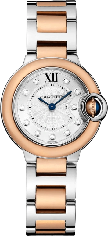 Cartier,Ballon Bleu de Cartier 28mm,28mm,Stainless Steel,Rose Gold,Silver,Grey,Quartz,Sapphire,Crystal Glass,Round,W3BB0026