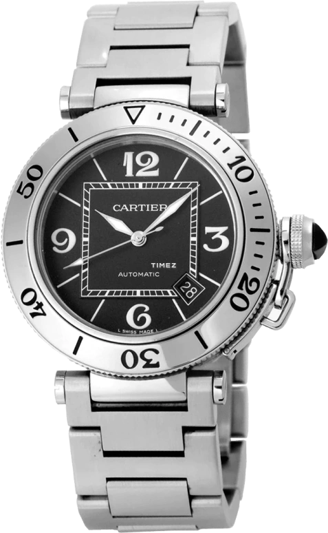 Cartier,Pasha de Cartier 40.50mm,40.50mm,Stainless Steel,Black,Automatic,Day,Sapphire,Crystal Glass,W31077M7