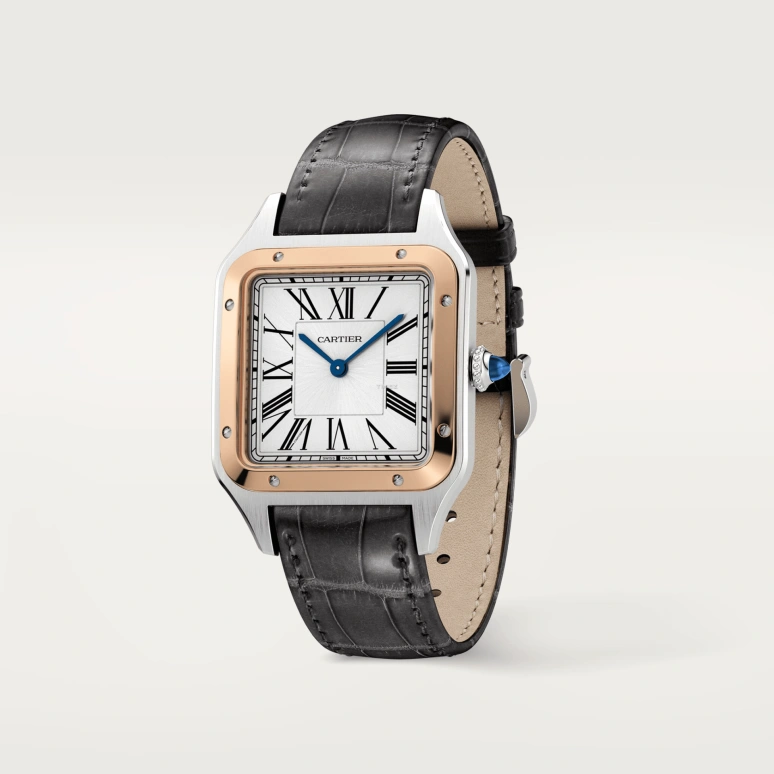 Cartier,Santos de Cartier 43.50x31.40mm,43.50x31.40mm,Rose Gold,Stainless Steel,Silver,Quartz,Sapphire,Glass,Square,W2SA0037