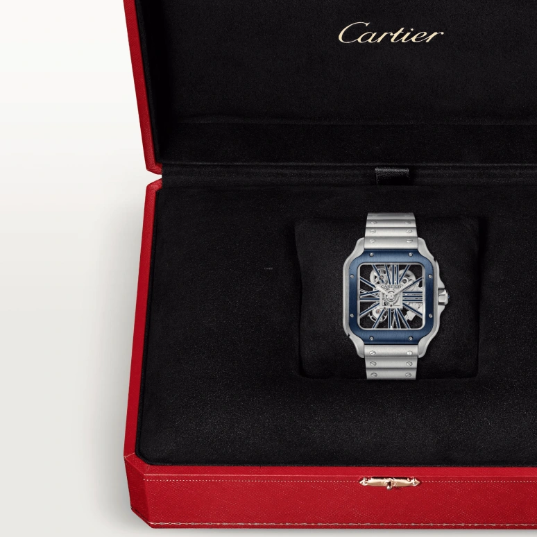 Cartier,Santos de Cartier 39.80mm,39.80mm,Stainless Steel,Silver,Blue,Handwound,Sapphire,Crystal Glass,Square,WHSA0026