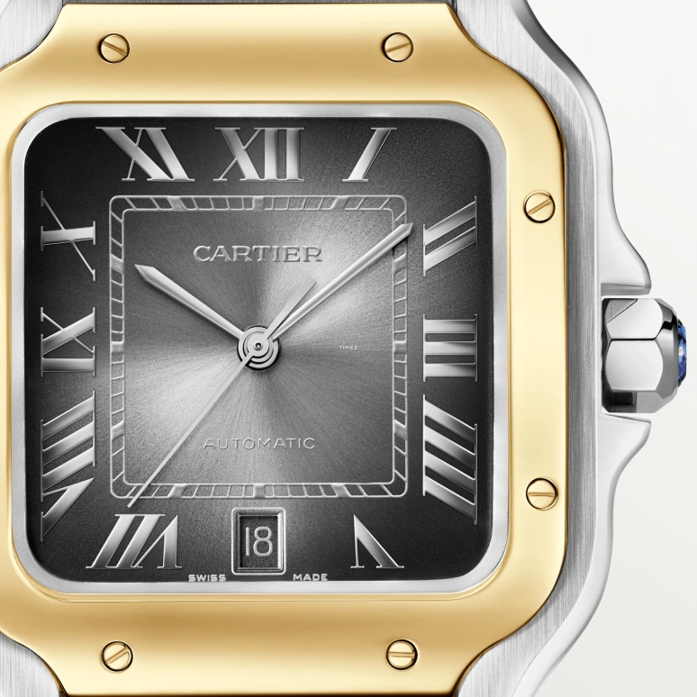 Cartier,Santos de Cartier 39.80mm,39.80mm,Stainless Steel,Smoky Coal,Gradient,Automatic,Day,Sapphire,Crystal Glass,W2SA0030