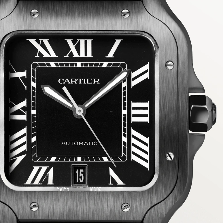 Cartier,Santos de Cartier 39.80mm,39.80mm,Stainless Steel,Black,Automatic,Day,42hours,WSSA0039