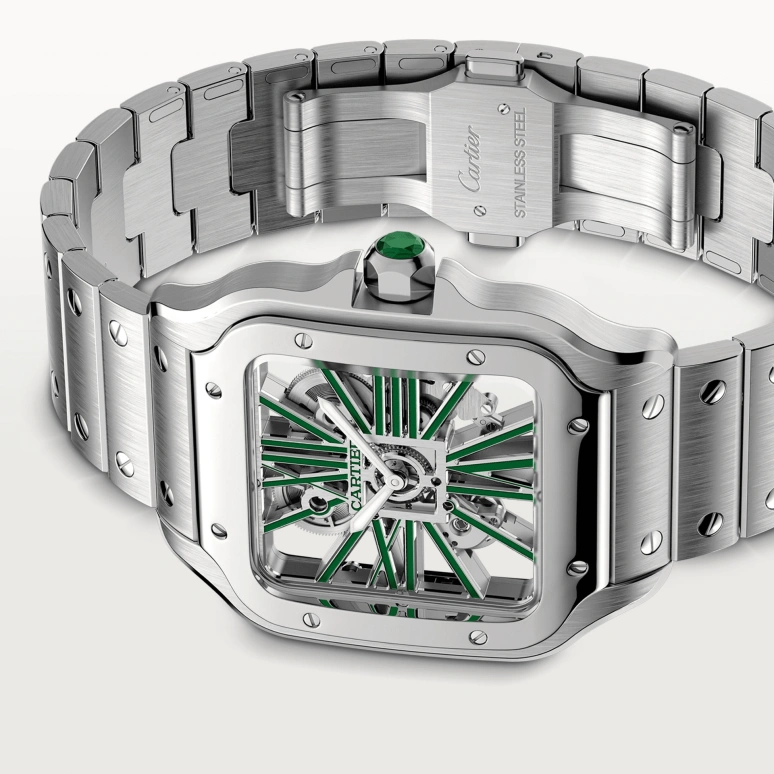 Cartier,Santos de Cartier 39.80mm,39.80mm,Stainless Steel,Silver,Green,Handwound,72hours,In-house Caliber,WHSA0028