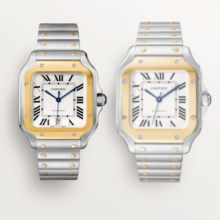 Cartier,Santos de Cartier 39.80mm,39.80mm,Stainless Steel,Yellow Gold,Silver,Automatic,Day,42hours,W2SA0009