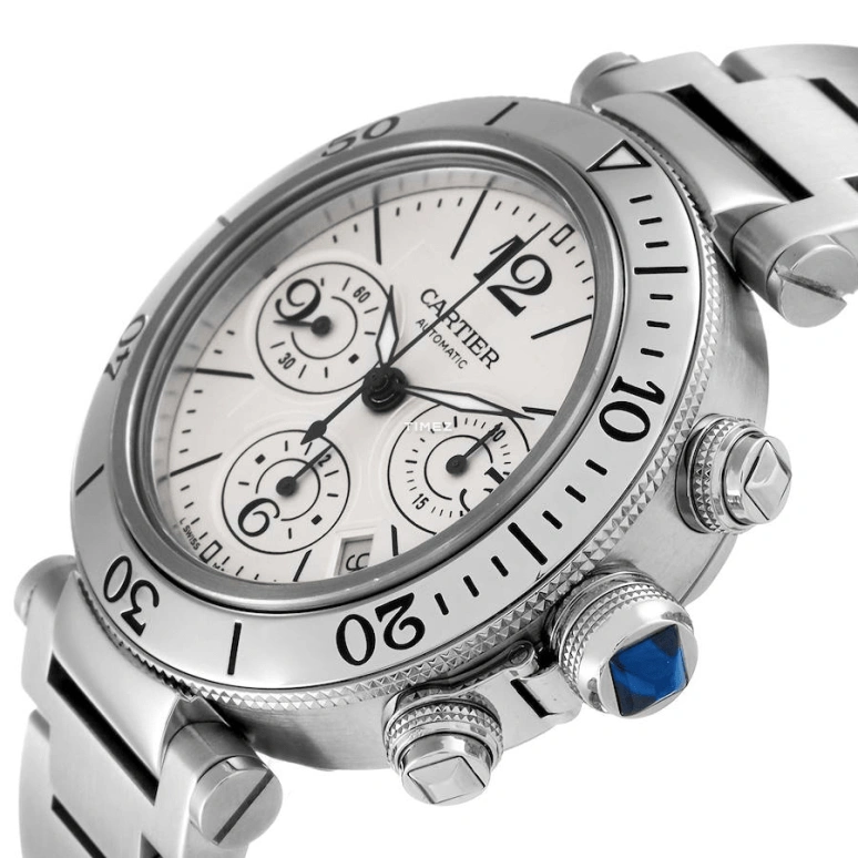 Cartier,Pasha de Cartier 42mm,42mm,Stainless Steel,White,Automatic,Chronograph,Day,W31089M7
