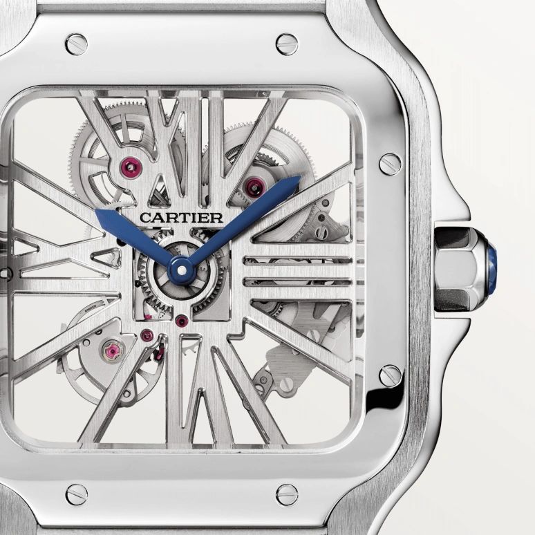 Cartier,Santos de Cartier 39.80mm,39.80mm,Stainless Steel,Skeleton,Automatic,Sapphire,Crystal Glass,Square,WHSA0014