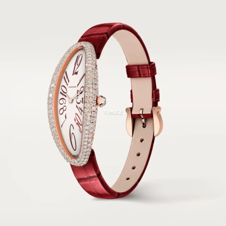 Cartier,Baignoire ,Rose Gold,White,Handwound,Sapphire,Crystal Glass,Oval,WJBA0035