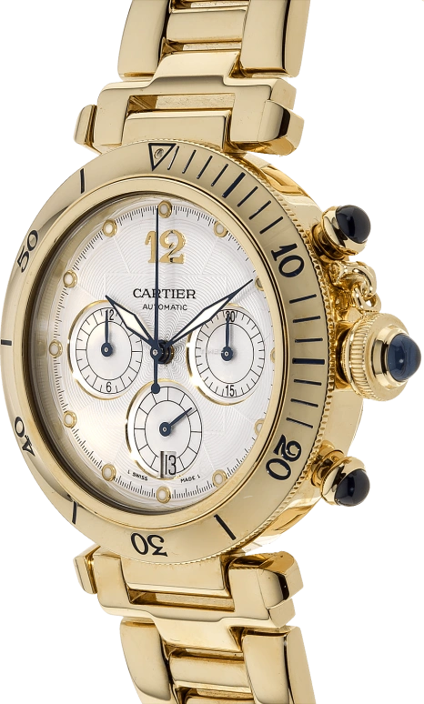 Cartier,Pasha de Cartier 38mm,38mm,Yellow Gold,Silver,Automatic,Chronograph,Day,W30140D1
