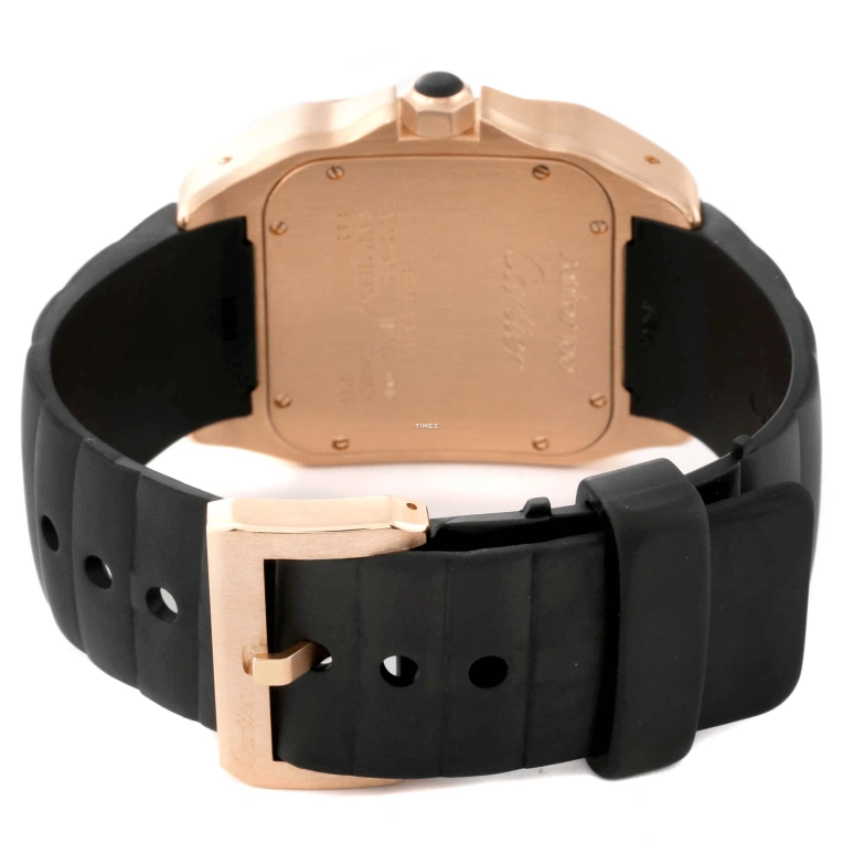 Cartier,Santos de Cartier 51.10x41.30mm,51.10x41.30mm,Rose Gold,Rubber,Black,Automatic,In-house Caliber,Sapphire,Crystal Glass,W20124U2