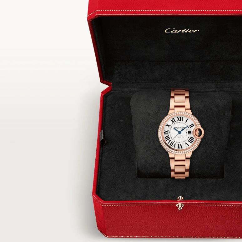 Cartier,Ballon Bleu de Cartier 33mm,33mm,Rose Gold,Silver,Automatic,Sapphire,Crystal Glass,Round,WJBB0066