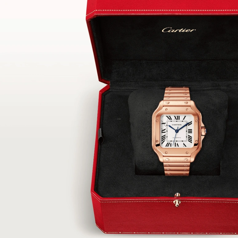 Cartier,Santos de Cartier 35.10x41.90mm,35.10x41.90mm,Rose Gold,Silver,Automatic,42hours,In-house Caliber,WGSA0031