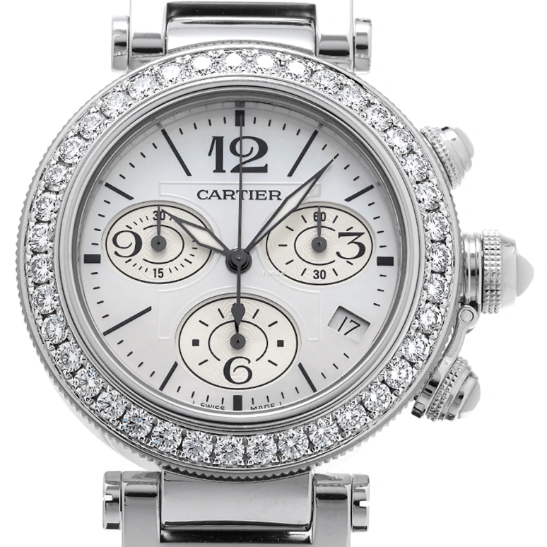 Cartier,Pasha de Cartier 37mm,37mm,White Gold,Silver,Quartz,Chronograph,Day,WJ130005