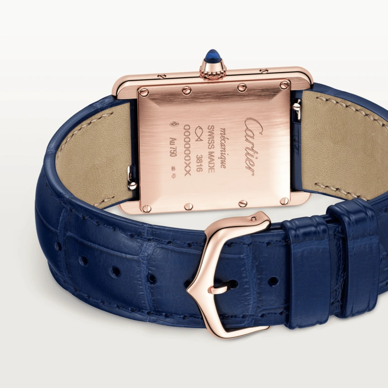 Cartier,Tank 33.70x25.50mm,33.70x25.50mm,Rose Gold,Blue,Handwound,38hours,In-house Caliber,WGTA0058