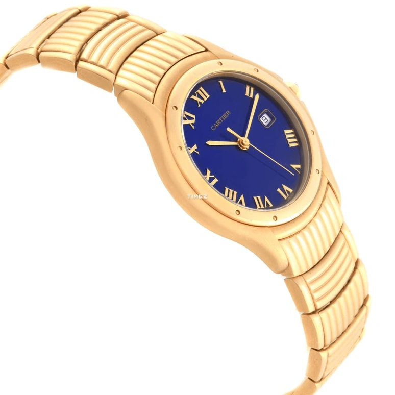 Cartier,Other 32mm,32mm,Yellow Gold,Blue,Quartz,Day,Sapphire,Crystal Glass,W35019L3