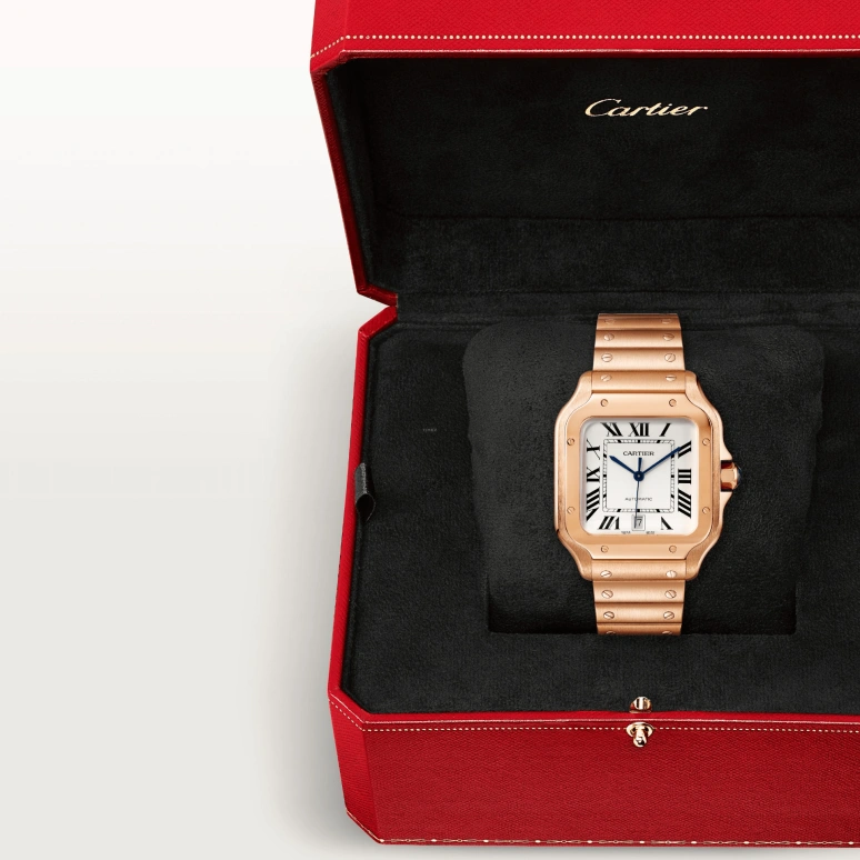 Cartier,Santos de Cartier 39.80x47.50mm,39.80x47.50mm,Rose Gold,Silver,Automatic,Day,42hours,WGSA0018