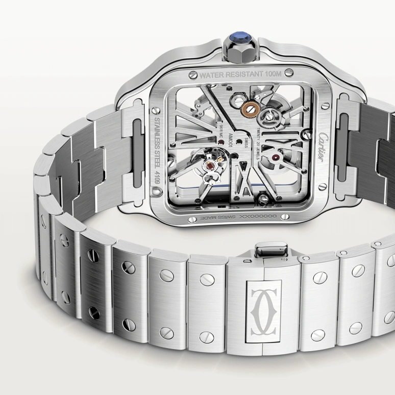 Cartier,Santos de Cartier 39.80mm,39.80mm,Stainless Steel,Silver,Blue,Handwound,Sapphire,Crystal Glass,Square,WHSA0026