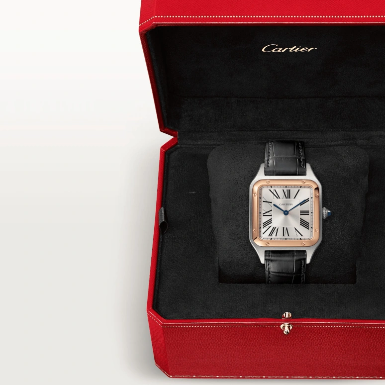 Cartier,Santos de Cartier 43.50x31.40mm,43.50x31.40mm,Stainless Steel,Rose Gold,Silver,Quartz,In-house Caliber,Sapphire,Crystal Glass,W2SA0011