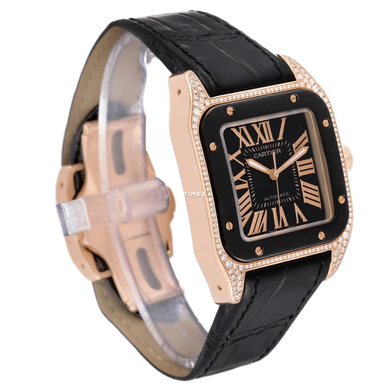 Cartier,Santos de Cartier 44.20x33mm,44.20x33mm,Rose Gold,Black,Automatic,In-house Caliber,Sapphire,Crystal Glass,WM505017