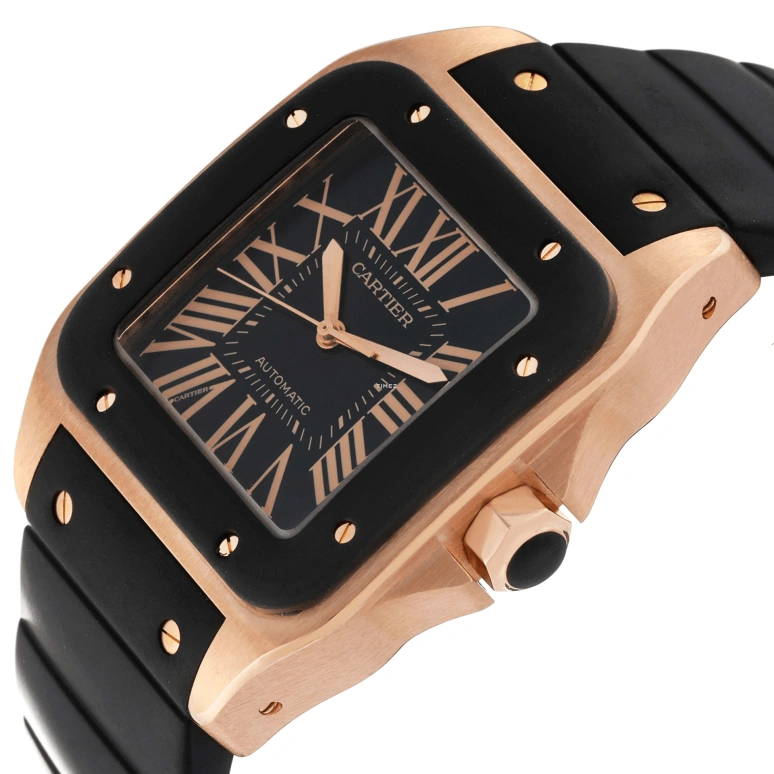 Cartier,Santos de Cartier 51.10x41.30mm,51.10x41.30mm,Rose Gold,Rubber,Black,Automatic,In-house Caliber,Sapphire,Crystal Glass,W20124U2