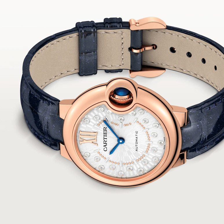 Cartier,Ballon Bleu de Cartier 33mm,33mm,Rose Gold,Silver,Automatic,Sapphire,Crystal Glass,Round,WGBB0052
