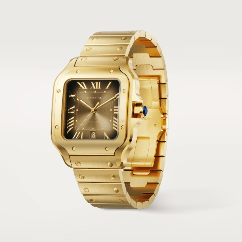 Cartier,Santos de Cartier 39.80mm,39.80mm,Yellow Gold,Brown,Gradient,Automatic,Day,Sapphire,Crystal Glass,WGSA0095