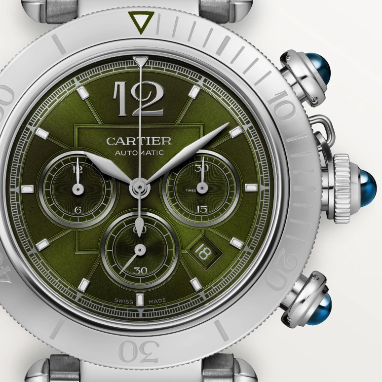 Cartier,Pasha de Cartier 41mm,41mm,Stainless Steel,Green,Automatic,Chronograph,Day,WSPA0046