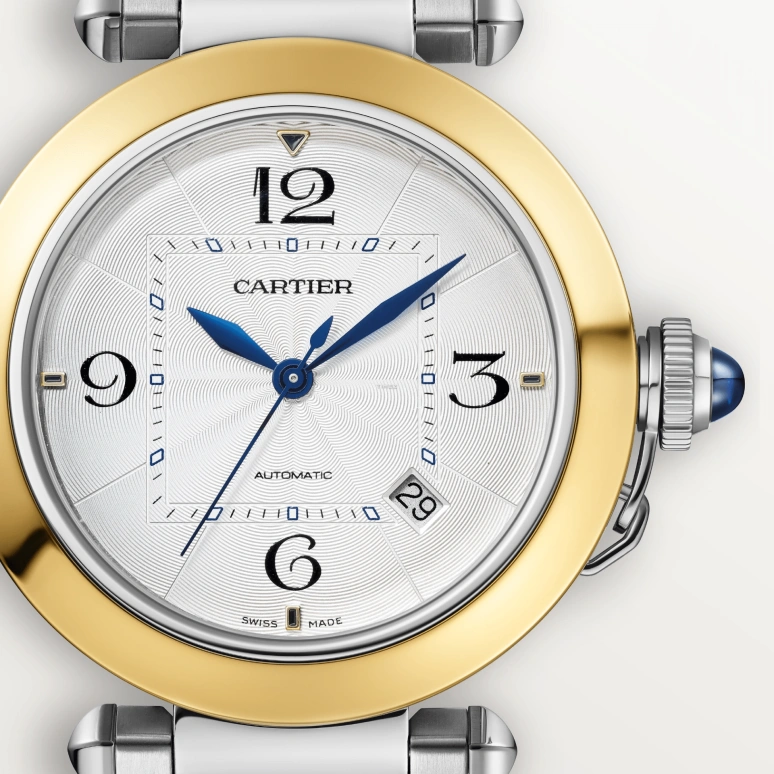Cartier,Pasha de Cartier 41mm,41mm,Stainless Steel,Yellow Gold,Silver,Automatic,Day,42hours,W2PA0009