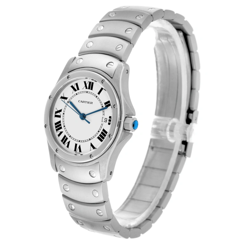 Cartier,Santos de Cartier 33mm,33mm,Stainless Steel,Silver,Quartz,Day,Sapphire,Crystal Glass,W20027K1