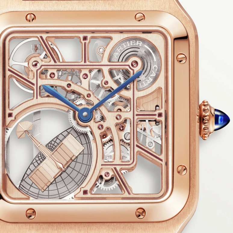 Cartier,Santos de Cartier 31.40x43.50mm,31.40x43.50mm,Rose Gold,Skeleton,Rose Gold,Automatic,Sapphire,Crystal Glass,Square,WHSA0030