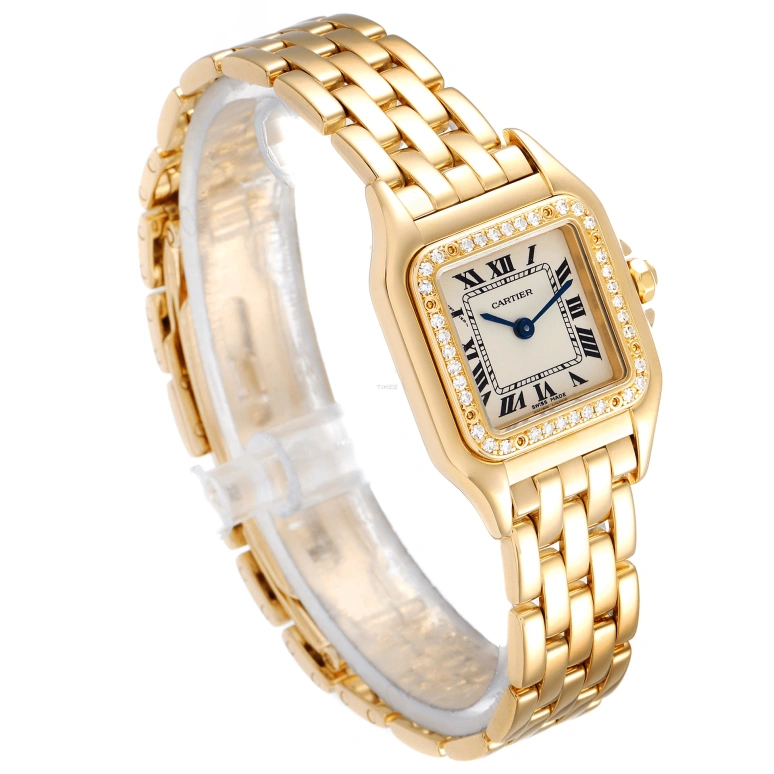Cartier,Panthère de Cartier 22mm,22mm,Yellow Gold,Silver,Quartz,Sapphire,Crystal Glass,Square,WF3070B9