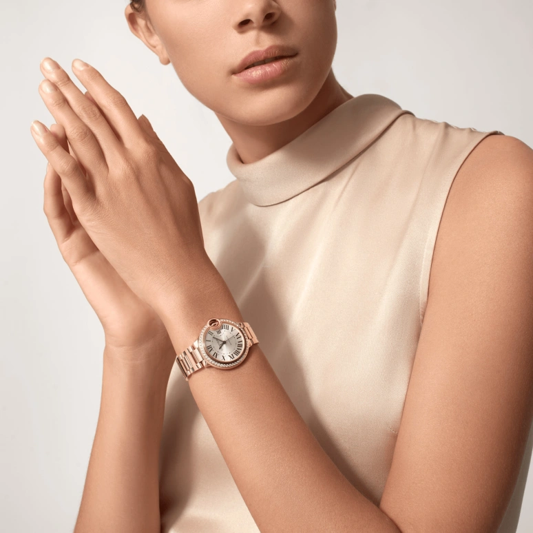 Cartier,Ballon Bleu de Cartier 33mm,33mm,Rose Gold,Silver,Automatic,Sapphire,Crystal Glass,Round,WJBB0063