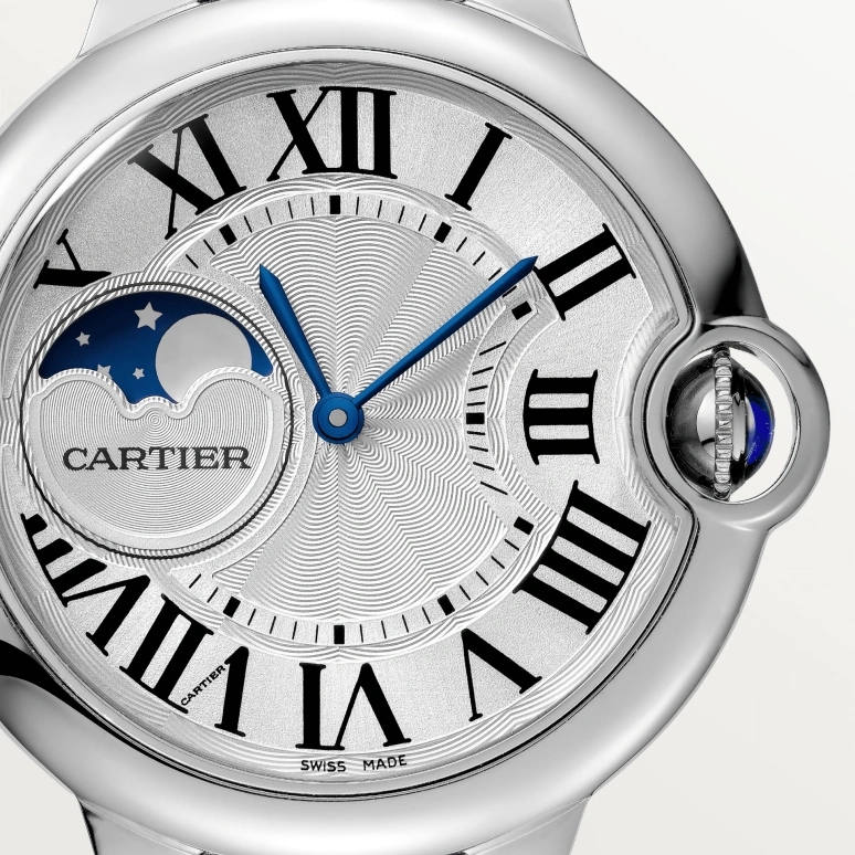 Cartier,Ballon Bleu de Cartier 37.60mm,37.60mm,Stainless Steel,Silver,Automatic,Moonphase,Sapphire,Crystal Glass,WSBB0029