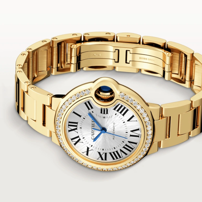 Cartier,Ballon Bleu de Cartier 33mm,33mm,Yellow Gold,Silver,Automatic,Sapphire,Crystal Glass,Round,WJBB0069