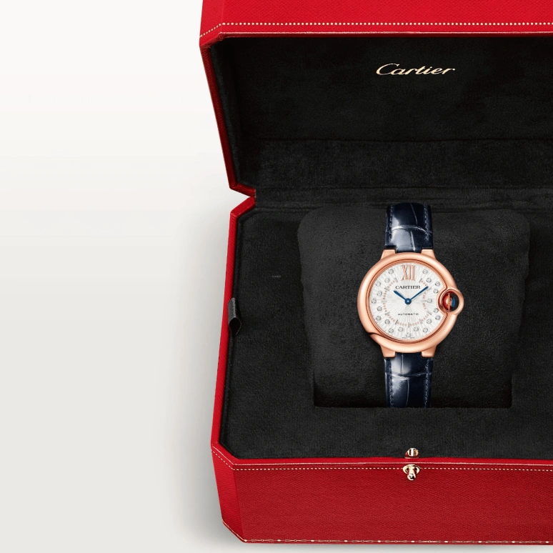 Cartier,Ballon Bleu de Cartier 33mm,33mm,Rose Gold,Silver,Automatic,Sapphire,Crystal Glass,Round,WGBB0052